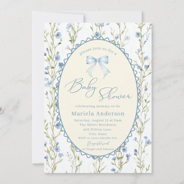 Elegant Watercolor  bow grandmillenial vintage Bab Invitation (Front)