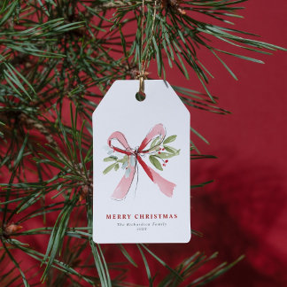Elegant Watercolor Bow Mistletoe Custom Holiday Gift Tags