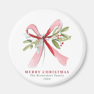 Elegant Watercolor Bow Mistletoe Custom Holiday Magnet
