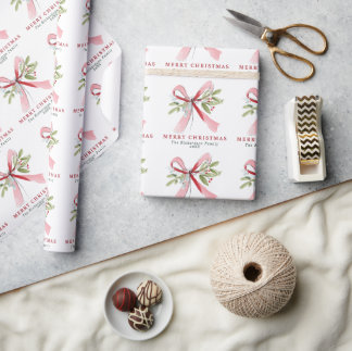Elegant Watercolor Bow Mistletoe Custom Holiday Wrapping Paper