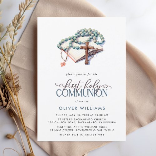 Elegant Watercolor Boy First Holy Communion Invitation