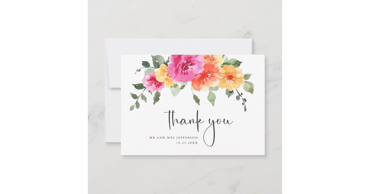 Elegant Watercolor Bright Flower Floral Wedding Thank You Card | Zazzle