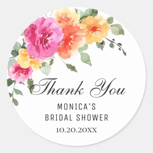 Elegant Watercolor Bright Flowers Bridal Shower Classic Round Sticker