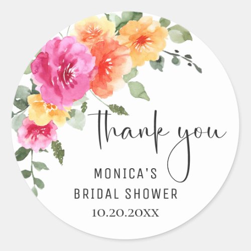 Elegant Watercolor Bright Flowers Bridal Shower Classic Round Sticker