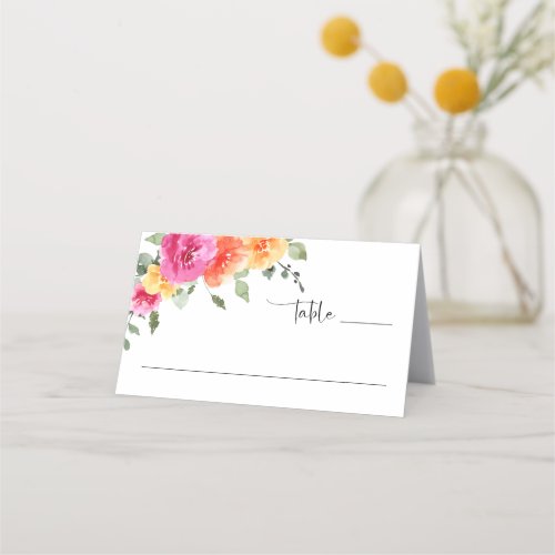 Elegant Watercolor Bright Flowers Floral Wedding Place Card