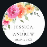 Elegant Watercolor Bright Flowers Wedding Classic Round Sticker<br><div class="desc">For further customization,  please click the "Personalize this template",  then "Edit using Design Tool". Stylish editable easy to use wedding templates,  more items available in the store (invitations,  rsvp,  thank you cards,  stationery & decor). If you need help or matching items,  please contact me.</div>