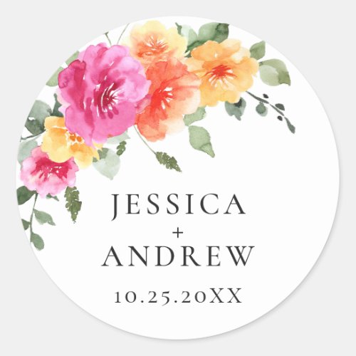 Elegant Watercolor Bright Flowers Wedding Classic Round Sticker
