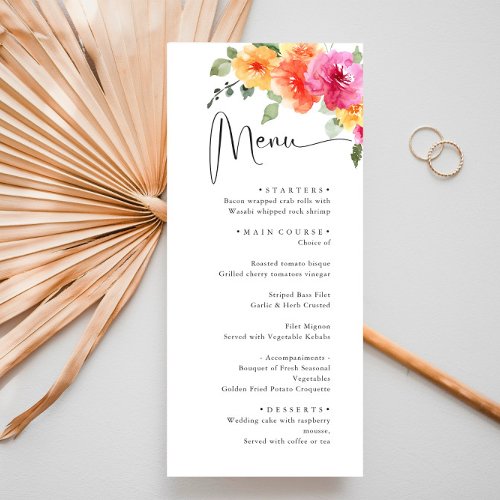 Elegant Watercolor Bright Flowers Wedding Dinner Menu