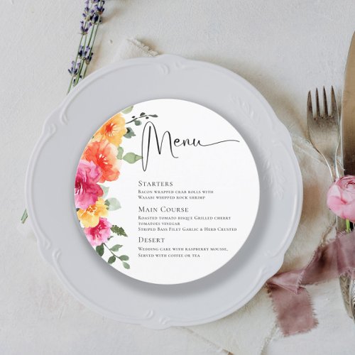 Elegant Watercolor Bright Flowers Wedding Dinner Menu