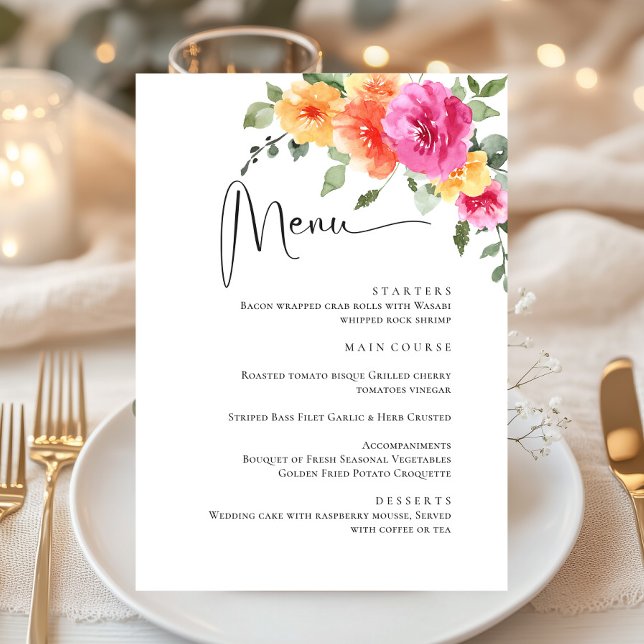 Elegant Watercolor Bright Flowers Wedding Dinner Menu (Creator Uploaded)