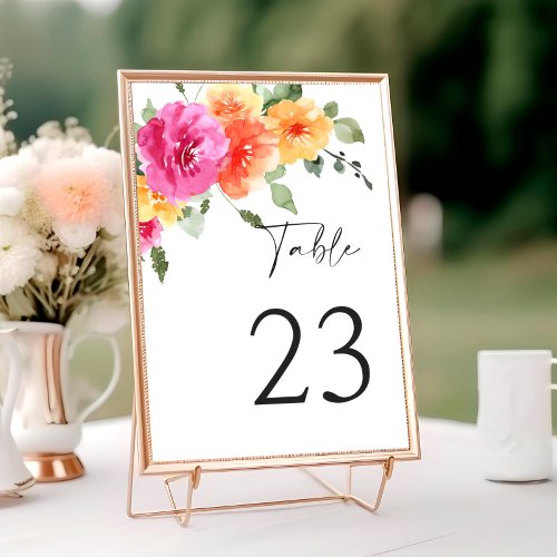 Elegant Watercolor Bright Pink Flowers Wedding Table Number