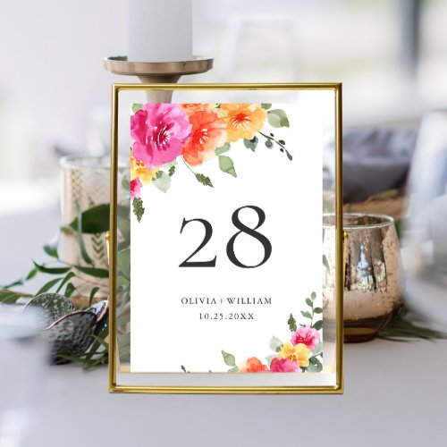 Elegant Watercolor Bright Pink Flowers Wedding Table Number