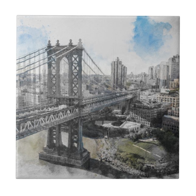Elegant Watercolor Brooklyn Bridge NYC Ceramic Tile (Front)