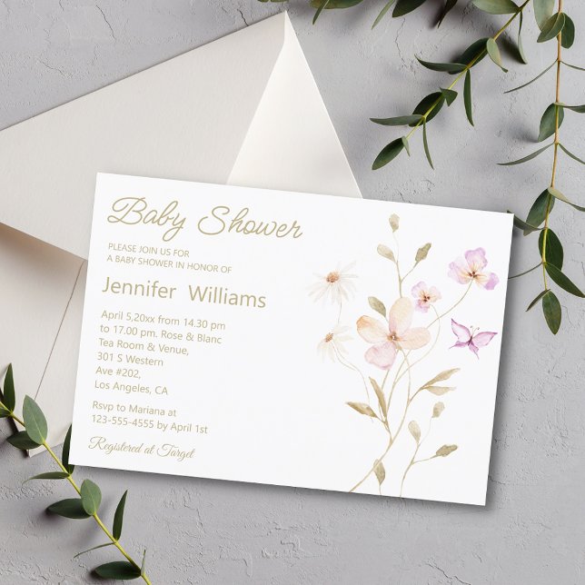elegant watercolor brown pink floral baby shower invitation (Creator Uploaded)