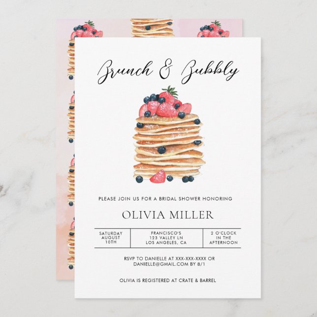 Elegant Watercolor Brunch & Bubbly Bridal Shower Invitation (Front/Back)