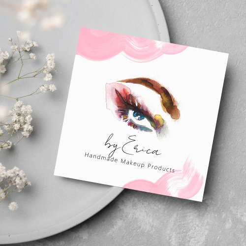 Elegant Watercolor Brushstroke Blush Pink Eye QR Square Business Card
