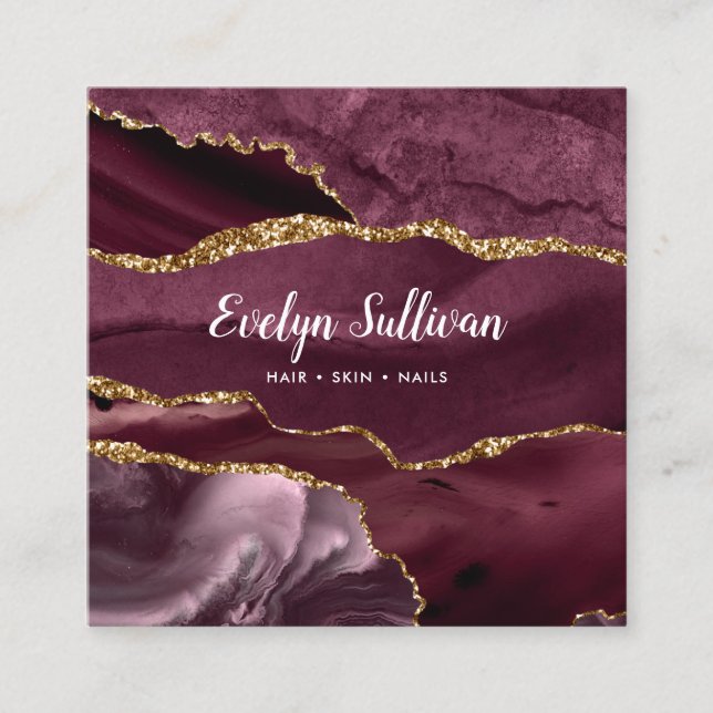 elegant watercolor burgundy agate  square business card (Front)