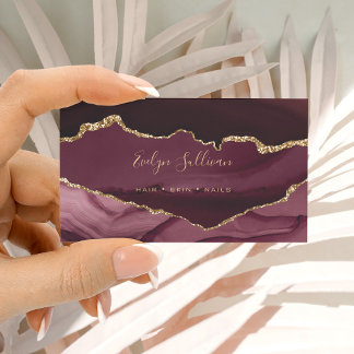 elegant watercolor burgundy and gold agate business card