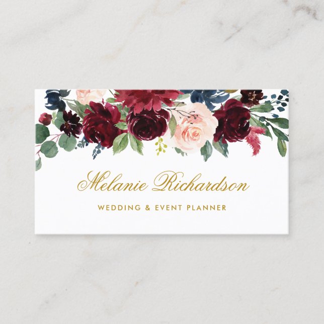 Elegant Watercolor Burgundy Blue Floral Gold Business Card (Front)