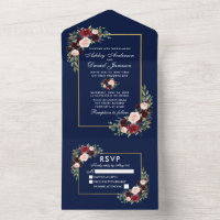 Elegant Watercolor Burgundy Blue Floral Wedding All In One Invitation