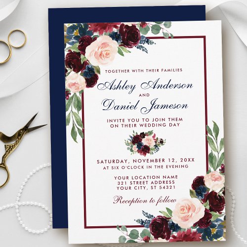 Elegant Watercolor Burgundy Blue Floral Wedding Invitation