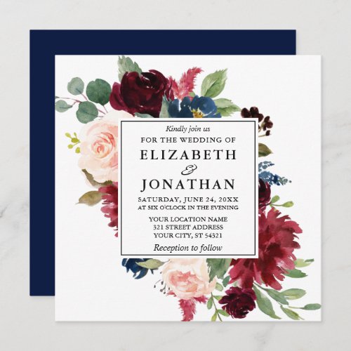 Elegant Watercolor Burgundy Blue Floral Wedding Sq Invitation