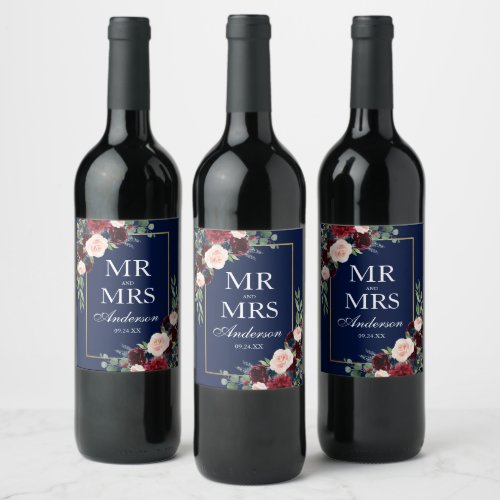 Elegant Watercolor Burgundy Blue Floral Wedding Wine Label