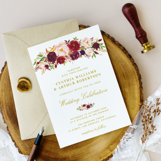 elegant watercolor burgundy blush floral wedding invitation