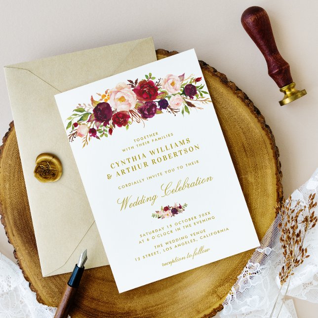 elegant watercolor burgundy blush floral wedding invitation (Creator Uploaded)