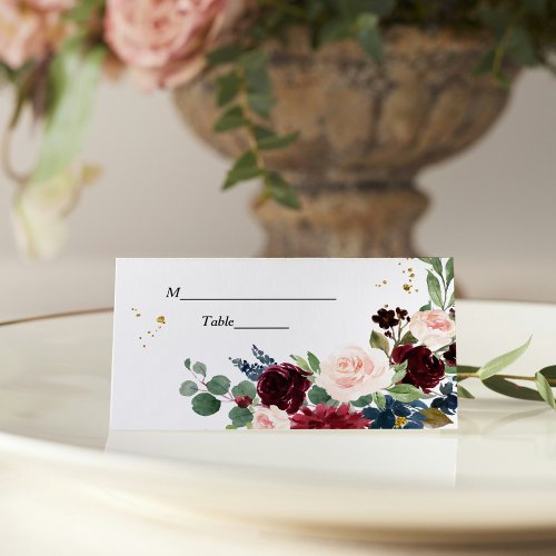 Elegant Watercolor Burgundy Blush  Gold Drops Place Card