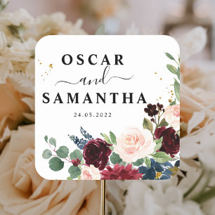 Elegant Watercolor Burgundy Blush & Gold Drops Square Sticker