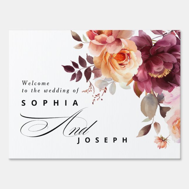 Elegant watercolor Burgundy Bouquet Floral Wedding Sign (Front)