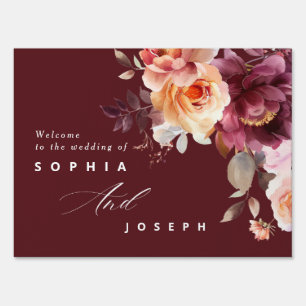 Elegant watercolor Burgundy Bouquet Floral Wedding Sign