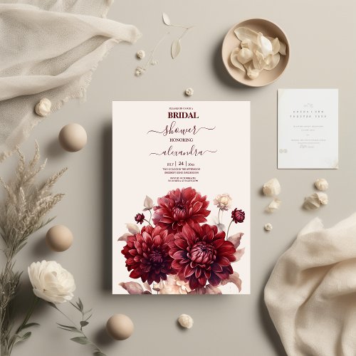 Elegant Watercolor Burgundy Dahlia Bridal Invitation