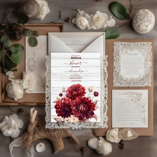 Elegant Watercolor Burgundy Dahlia Bridal Invitation