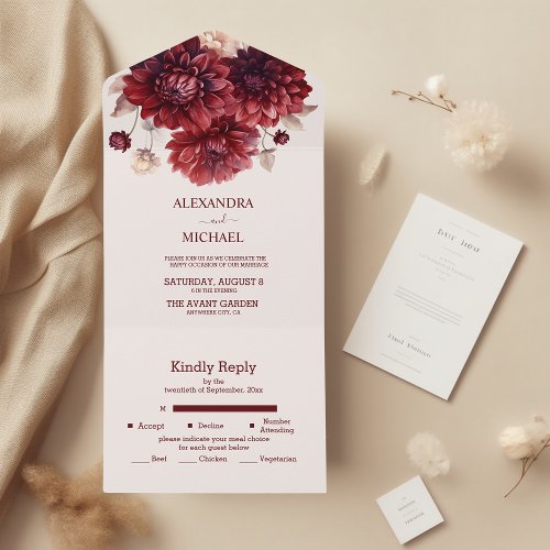 Elegant Watercolor Burgundy Dahlia Wedding All In One Invitation