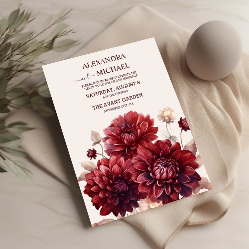 Elegant Watercolor Burgundy Dahlia Wedding Invitation