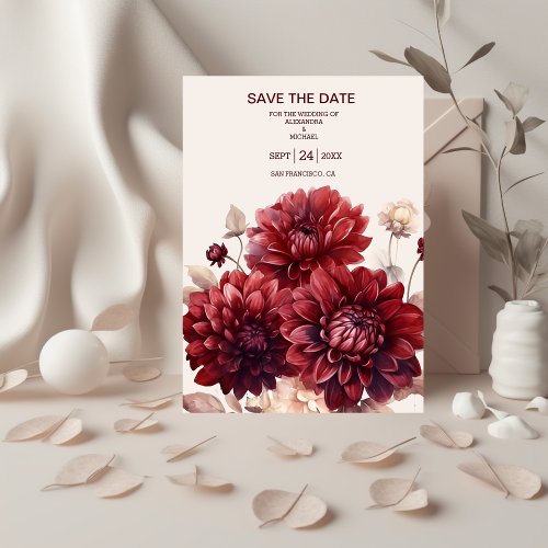 Elegant Watercolor Burgundy Dahlia Wedding Save The Date