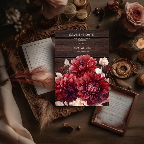 Elegant Watercolor Burgundy Dahlia Wedding Save The Date