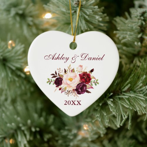 Elegant Watercolor Burgundy Floral Couple Heart Ceramic Ornament