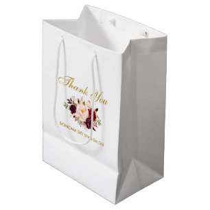 Elegant Watercolor Burgundy Floral Gold Thank You Medium Gift Bag