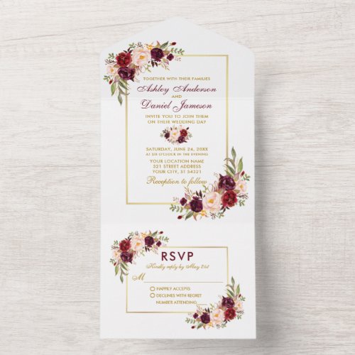 Elegant Watercolor Burgundy Floral Gold Wedding All In One Invitation