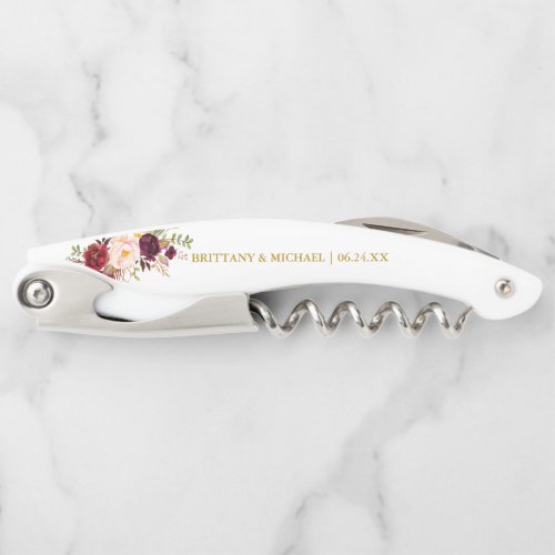 Elegant Watercolor Burgundy Floral Gold Wedding Waiters Corkscrew