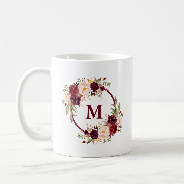 Elegant Watercolor Burgundy Floral Monogram Coffee Mug (Left)