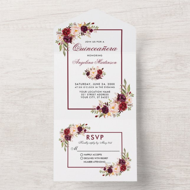 Elegant Watercolor Burgundy Floral Quinceanera  All In One Invitation (Inside)