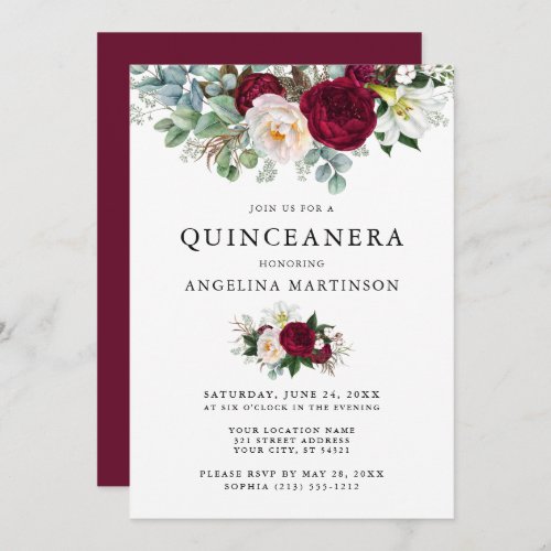 Elegant Watercolor Burgundy Floral Quinceanera Invitation
