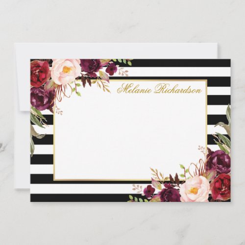 Elegant Watercolor Burgundy Floral Striped Note Card