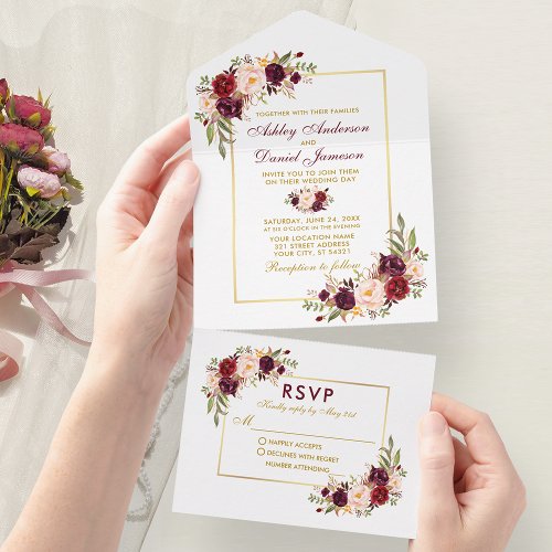 Elegant Watercolor Burgundy Floral Wedding Gold All In One Invitation