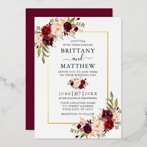 Elegant Watercolor Burgundy Floral Wedding Gold Foil Invitation