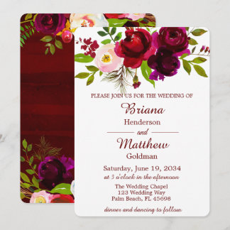 Elegant Watercolor Burgundy Floral Wedding Invitation